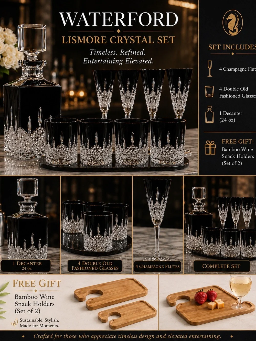 Waterford Lismore Crystal Bar Set in Clear Crystal and Black Accents